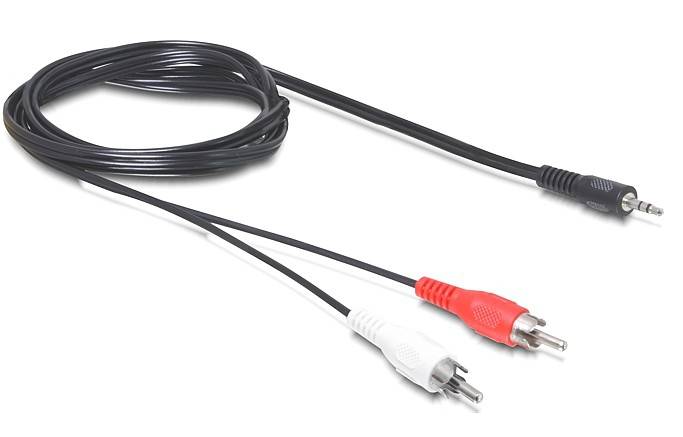 Schwarzes Audiokabel mit 3,5-mm-Stecker auf der einen Seite und roten und weißen RCA-Anschlüssen auf der anderen Seite zum Verbinden von Audiogeräten.