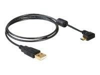 Schwarzes USB-Kabel aufgerollt auf weißem Hintergrund, mit einem Standard-USB-A-Stecker an einem Ende und einem rechtwinkligen USB-Anschluss am anderen Ende.