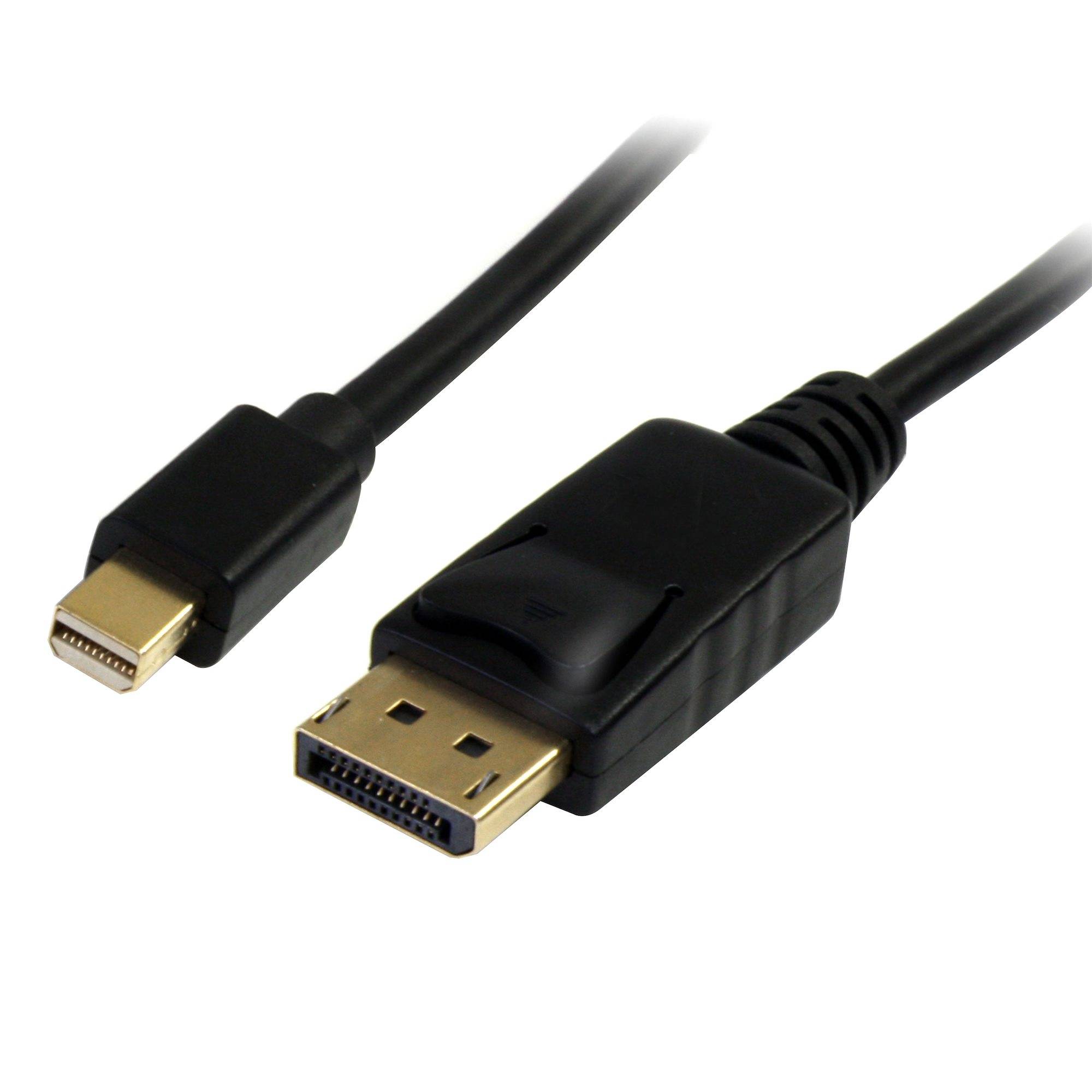 Nahaufnahme eines Mini-DisplayPort-Kabels mit vergoldeten Steckern, die beide Enden auf weißem Hintergrund zeigt.