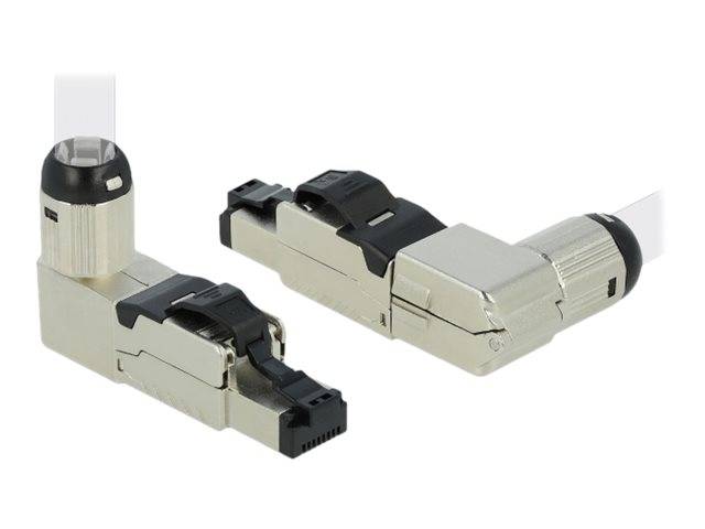 Zwei abgewinkelte Ansichten eines metallischen rechtwinkligen Ethernet-Steckers mit schwarzen Verriegelungsclips und transparentem Steckerendeende.