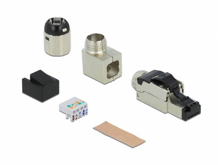 Verschiedene Ethernet-Kabelstecker- und Buchsenkomponenten sowie ein kleines Verdrahtungseinsatz auf weißem Hintergrund angeordnet.