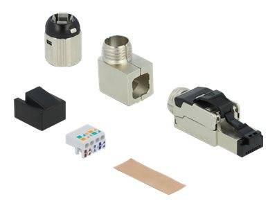 Verschiedene Ethernet-Kabelverbinder und Steckkomponenten auf weißem Hintergrund dargestellt.