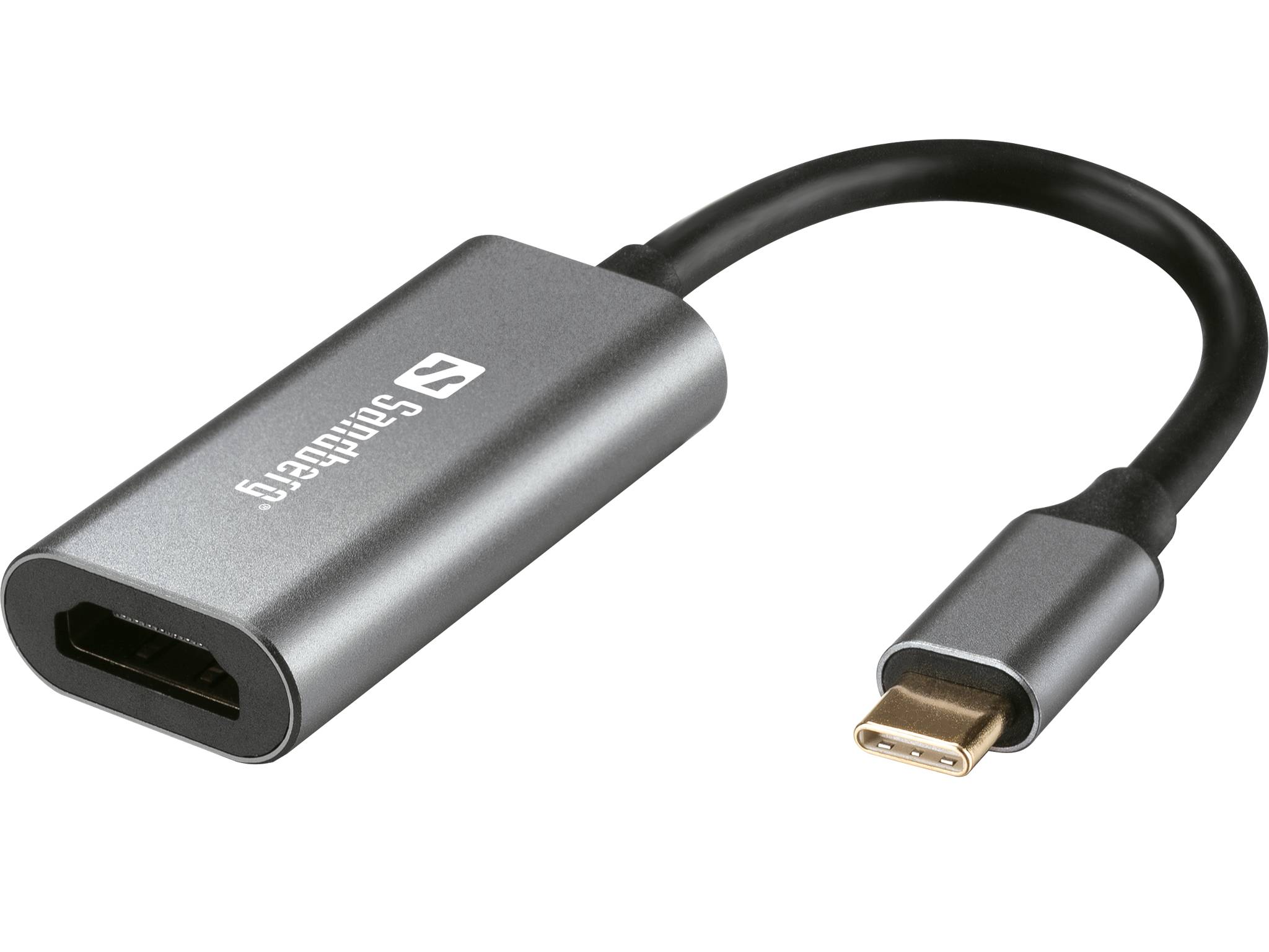 USB-C-zu-HDMI-Adapter mit kurzem schwarzem Kabel und silbernem Steckergehäuse