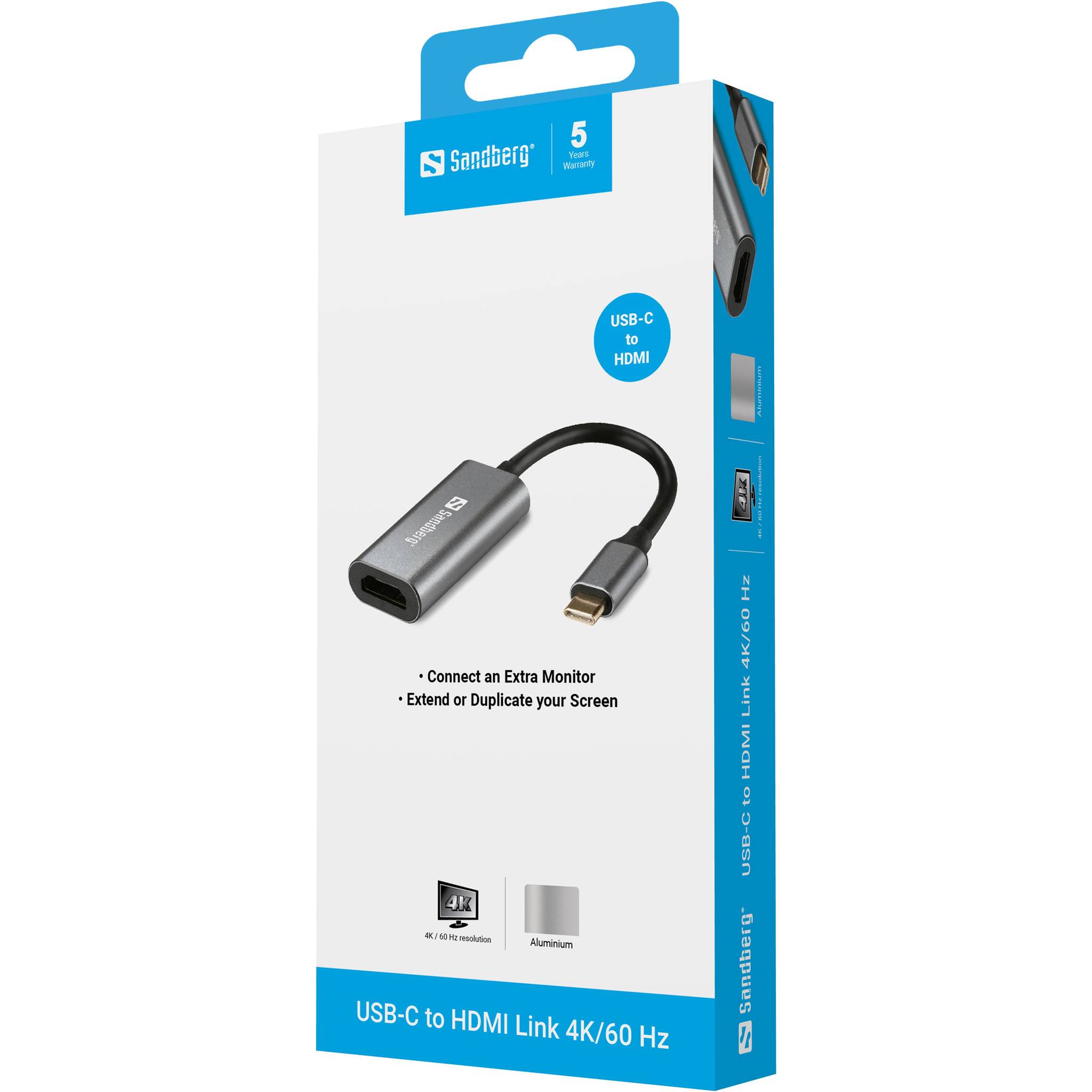 Produktbox für Sandberg USB-C zu HDMI Link 4K/60 Hz Adapter, zeigt ein USB-C zu HDMI Kabel und wirbt damit, einen zusätzlichen Monitor anzuschließen oder Ihren Bildschirm zu duplizieren.