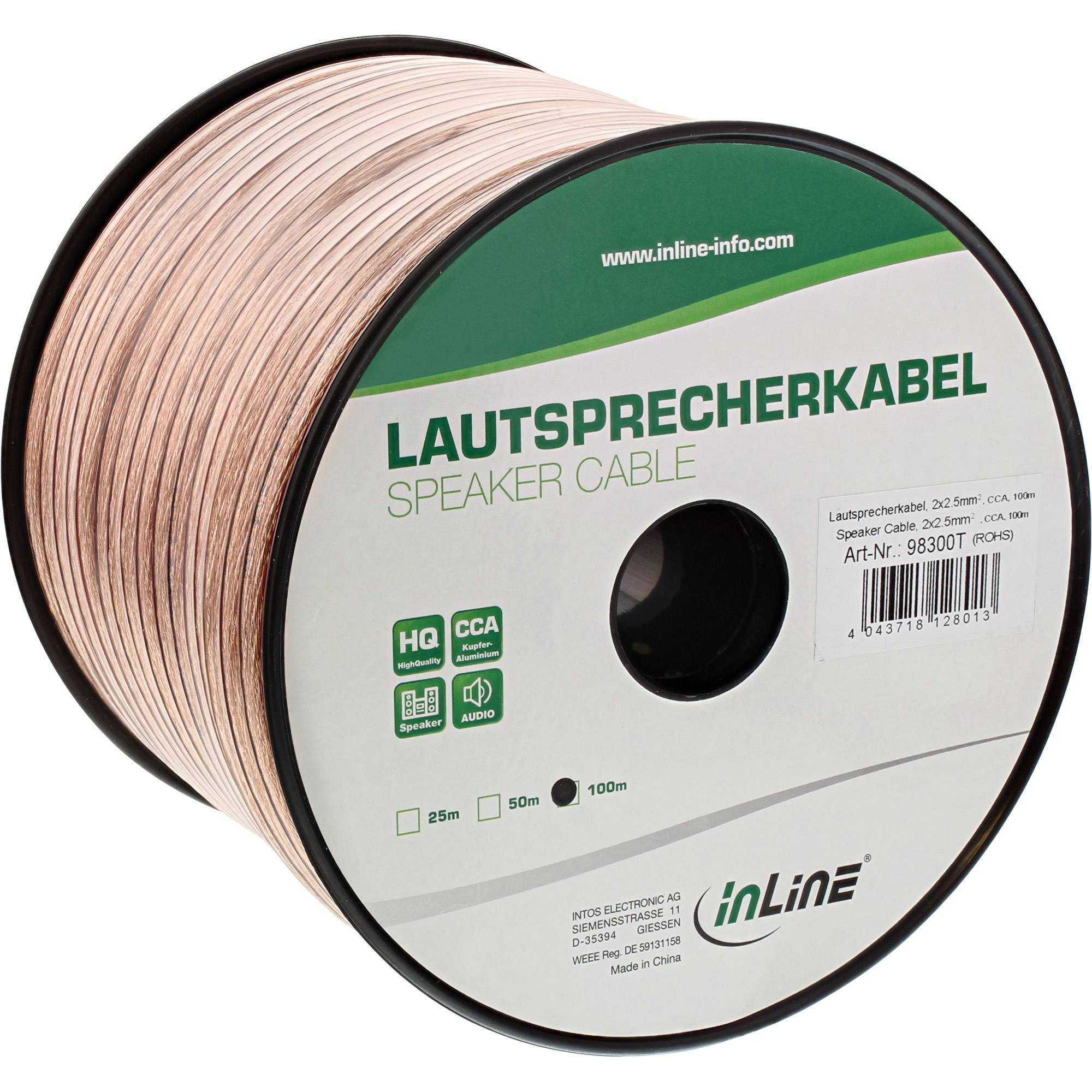INLINE - Lautsprecherkabel - 2x 2,5mm² - CCA - transparent - 100m