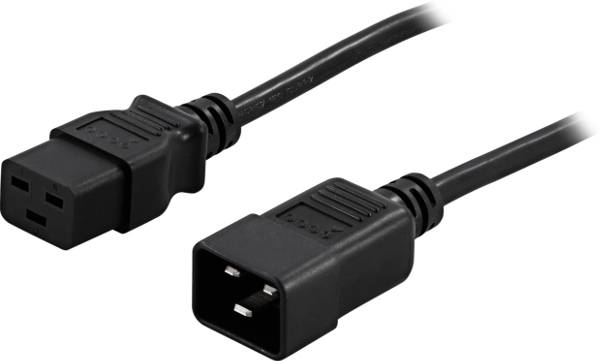 Schwarzes Stromkabel mit IEC-C13-Buchse an einem Ende und männlichem IEC-Stecker am anderen Ende, zum Verbinden eines Geräts mit der Netzstromversorgung verwendet.