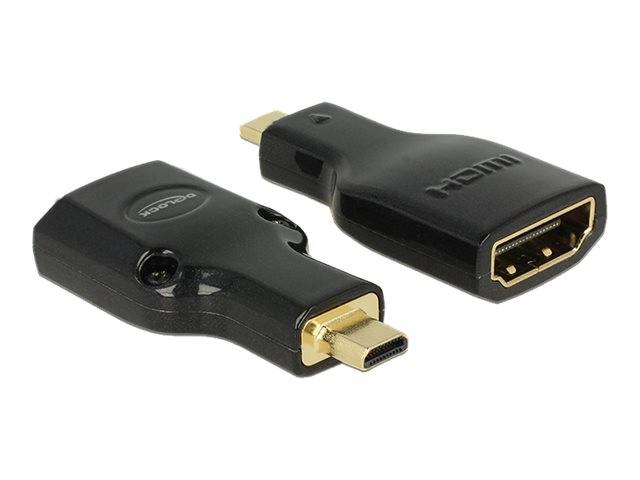 Zwei schwarze HDMI-Adapter/Stecker auf weißem Hintergrund, einer mit einem Mini-HDMI-Stecker und der andere mit einem Standard-HDMI-Anschluss.