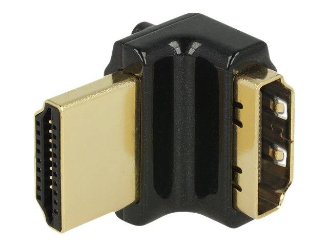 Nahaufnahme eines schwarzen und goldenen HDMI-Winkelverstärkers mit weiblichen Anschlüssen an beiden Enden.