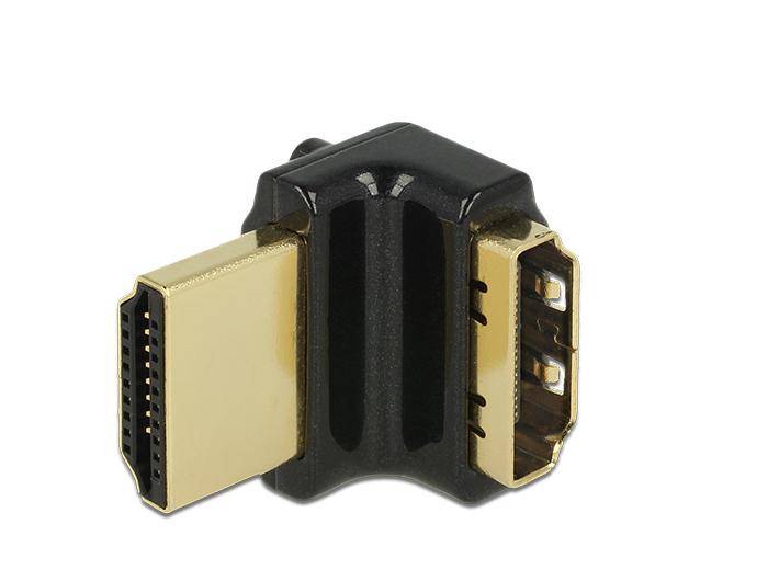 HDMI-Adapter im 90-Grad-Winkel mit vergoldeten Steckverbindern und schwarzem Gehäuse, dargestellt auf weißem Hintergrund.