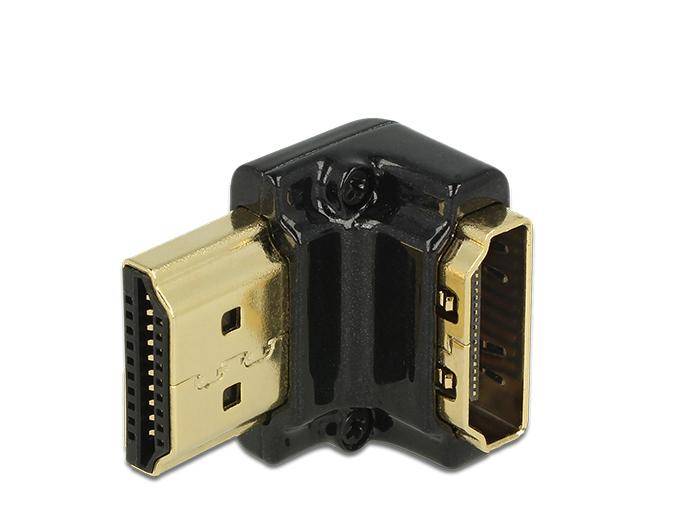Vergoldeter HDMI-Winkeladapter mit zwei weiblichen Anschlüssen, schwarzer Kunststoffkörper auf weißem Hintergrund.
