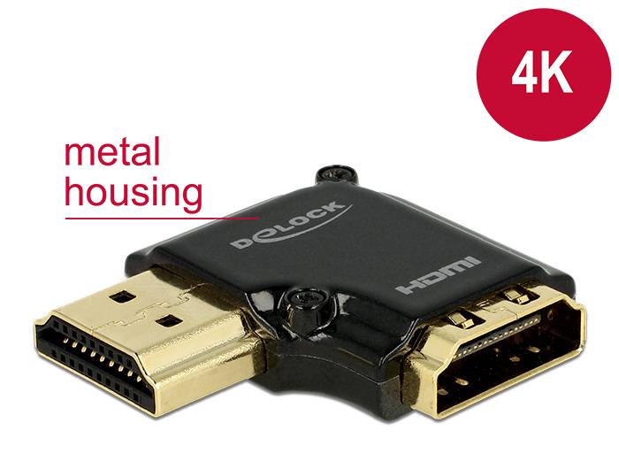 DeLOCK HDMI-Adapter mit Metallgehäuse, angewinkelt auf weißem Hintergrund dargestellt, mit der Bezeichnung „4K".