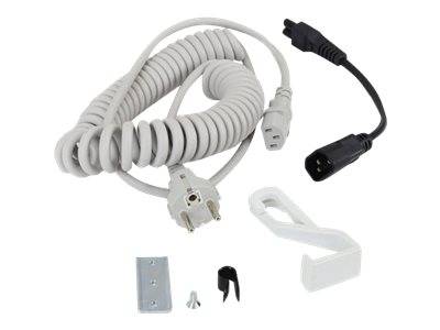 Aufgerolltes Stromkabelset mit Stecker- und Buchsenenden, plus Montageklammern und kleine Hardware auf weißem Hintergrund.