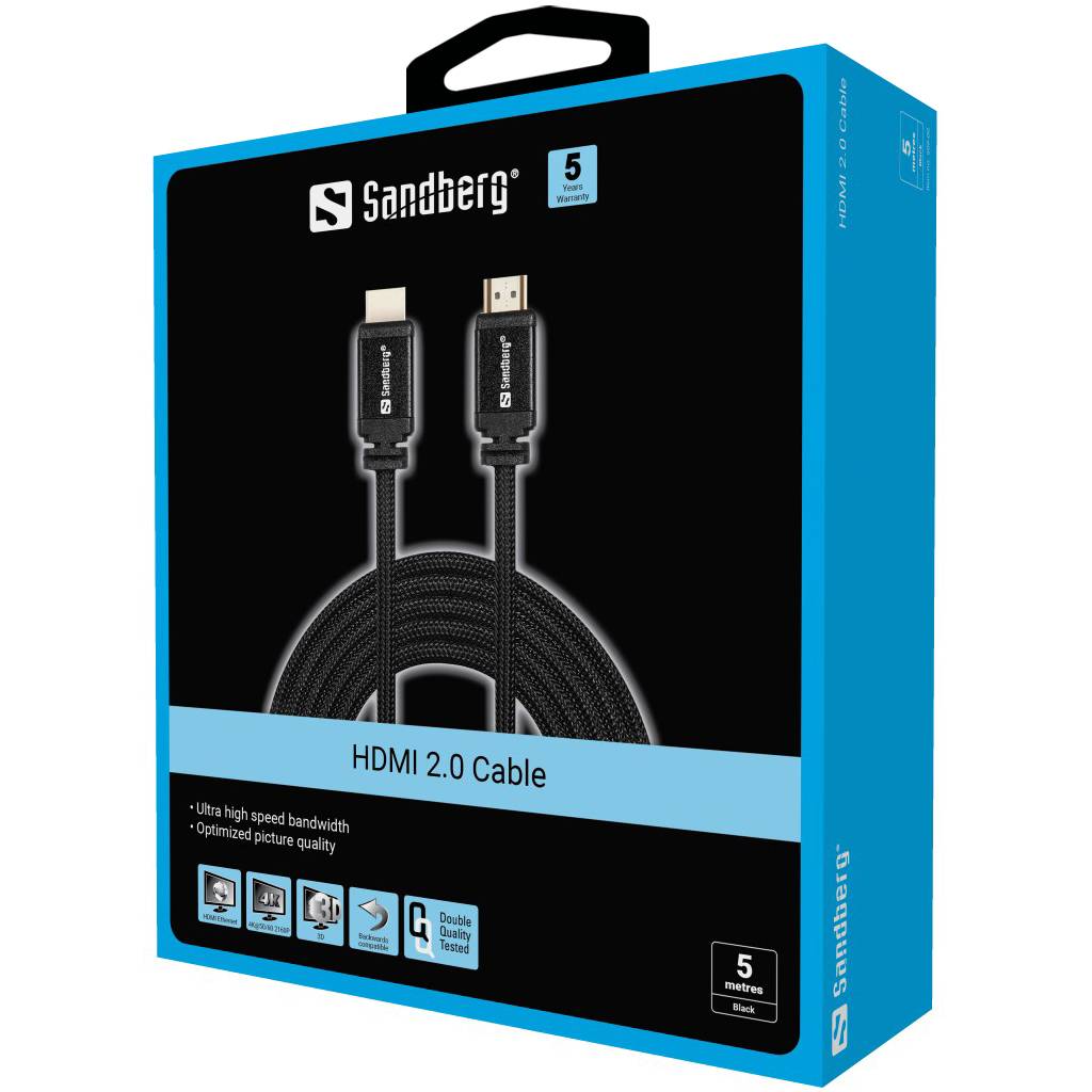Sandberg HDMI 2.0 Kabelpaket, zeigt ein 5 Meter langes schwarzes Kabel mit HDMI-Steckern und „5 Jahre Garantie