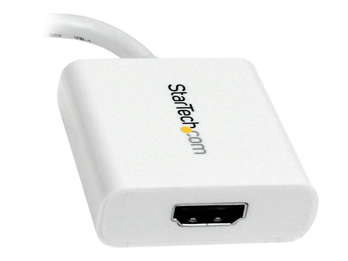Weißer StarTech.com-Adapter mit angeschlossenem Kabel und einem HDMI-Anschluss, gezeigt auf einem einfachen Hintergrund.
