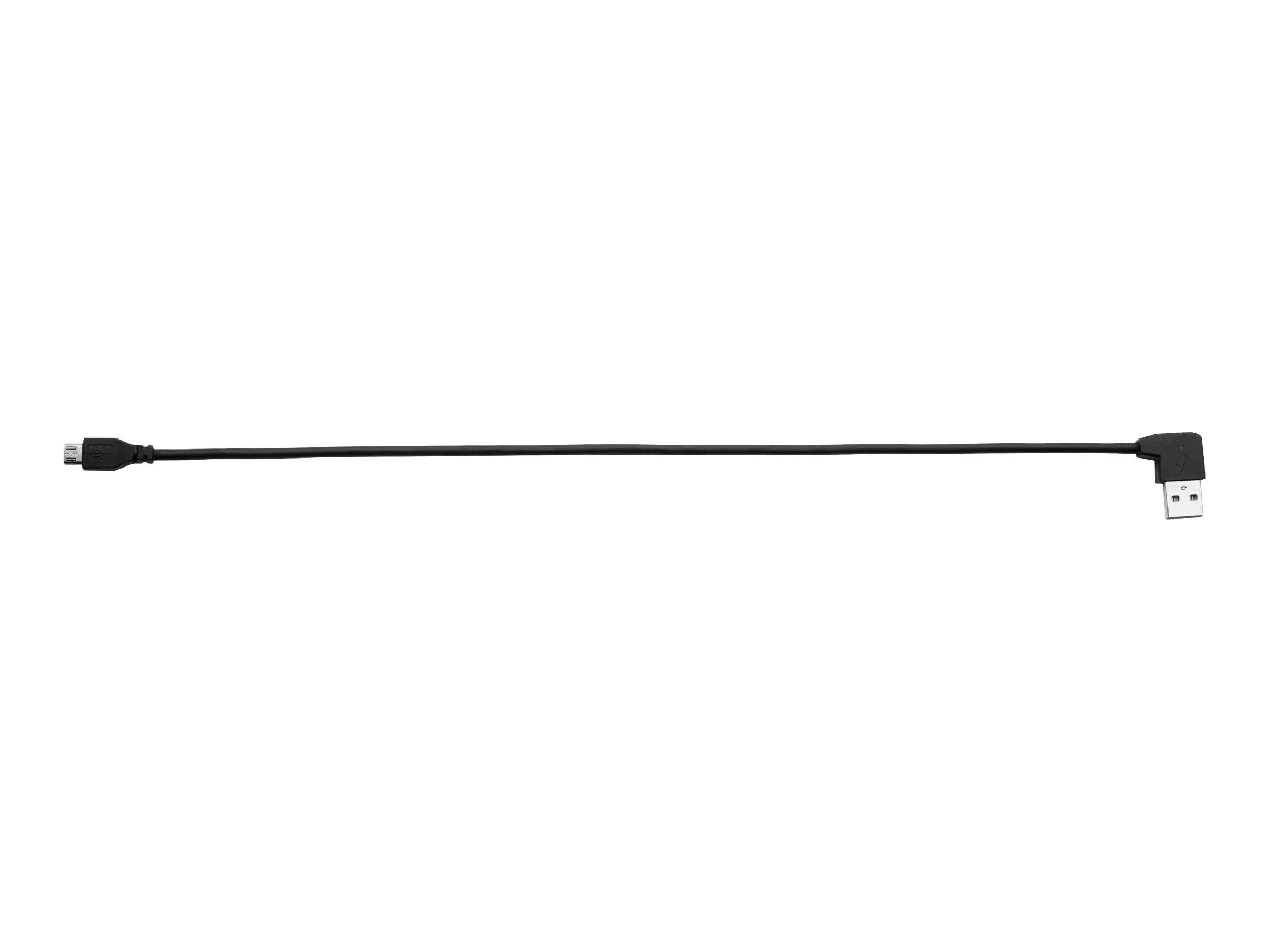 Schwarzes USB-Kabel mit einem Micro-USB-Anschluss an einem Ende und einem rechtwinkligen USB-A-Stecker am anderen Ende, auf weißem Hintergrund dargestellt.