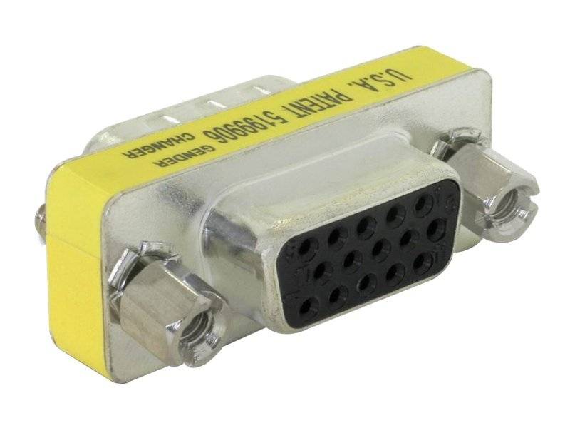 VGA-zu-VGA-Geschlechtswechsel-Adapter mit 15-poligen weiblichen Anschlüssen und Metallgehäuse, bezeichnet als „15-poliger Vorder-zu-Vorder-Wechsler