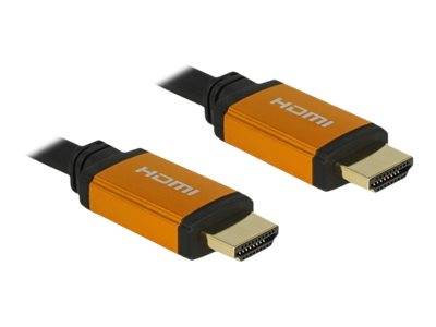 Zwei orange HDMI-Kabelstecker auf weißem Hintergrund gezeigt, mit männlichen Steckern an jedem Ende sichtbar.