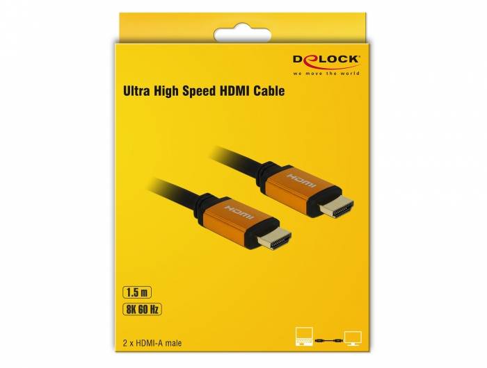 Gelbes Delock Ultra High Speed HDMI-Kabel-Paket mit zwei HDMI-A-Steckverbindern, gekennzeichnet mit 1,5 m und 8K 60 Hz.