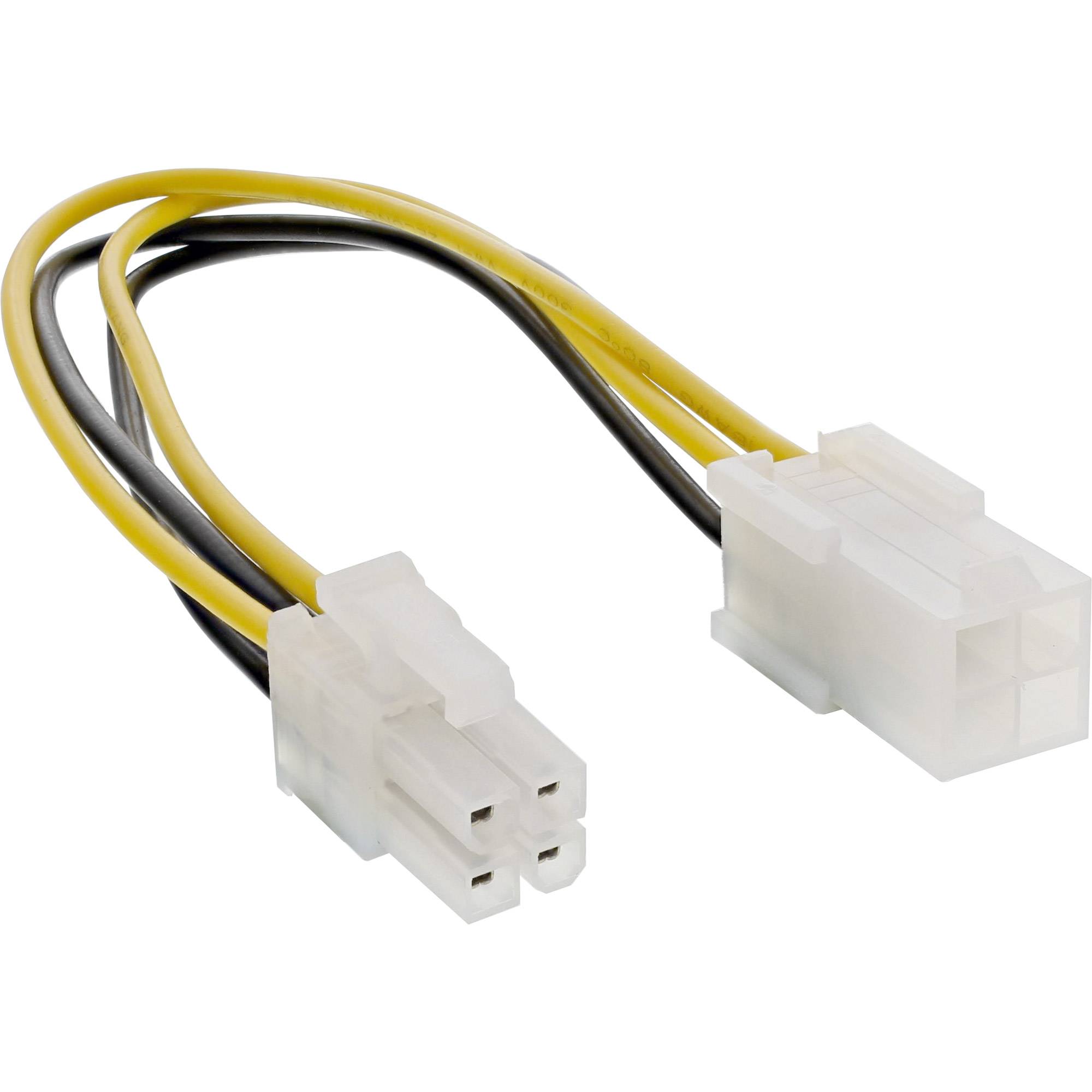 Computerstromkabel-Adapter mit zwei weißen Kunststoffanschlüssen und schwarzen und gelben Drähten auf weißem Hintergrund