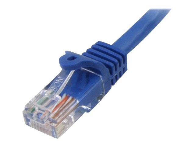 Blaues Ethernet-Kabel mit transparentem RJ45-Stecker auf weißem Hintergrund.