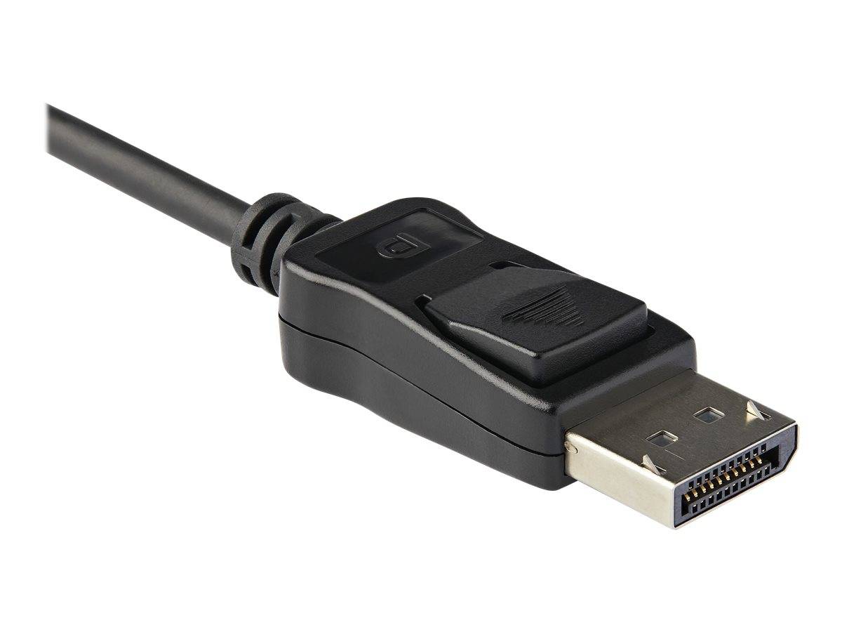 DisplayPort-Kabelstecker mit verriegelbarem Riegel und schwarzem Spritzgussgehäuse, gezeigt vor weißem Hintergrund.