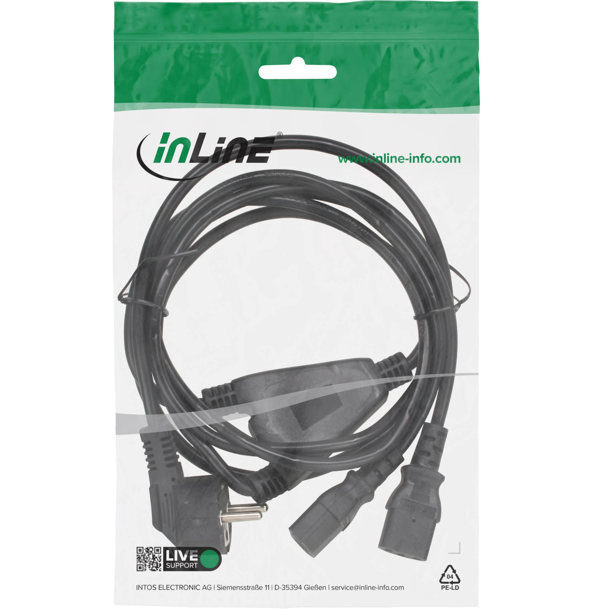 Verpacktes InLine-Stromkabel mit aufgewickeltem schwarzem Kabel und europäischen Steckerverbindern, dargestellt in transparenter Einzelhandelsverpackung.