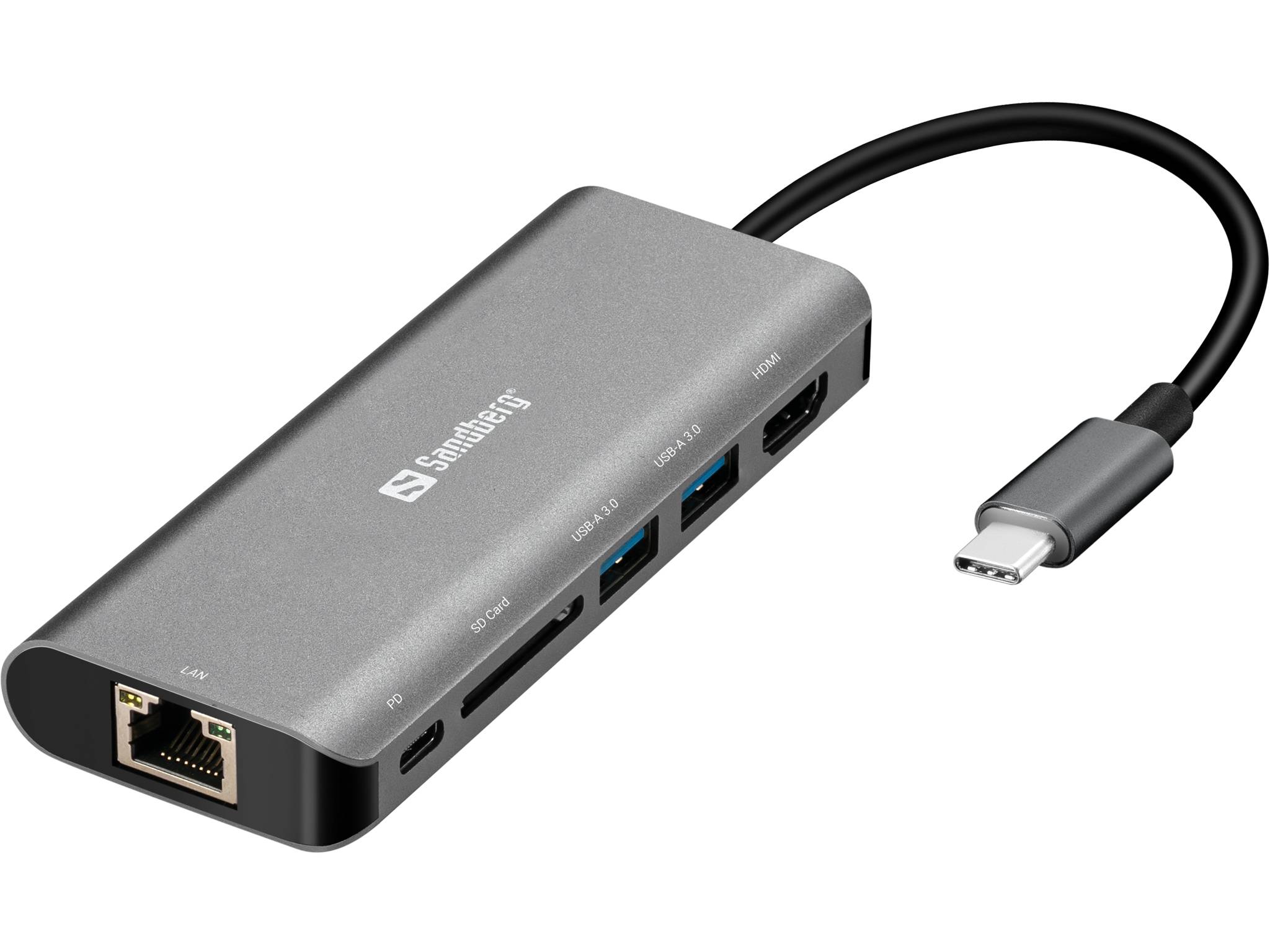 Silber-USB-C-Hub mit Ethernet, HDMI, zwei USB-A-Anschlüssen, SD-Kartensteckplätzen und angeschlossenem USB-C-Kabel.