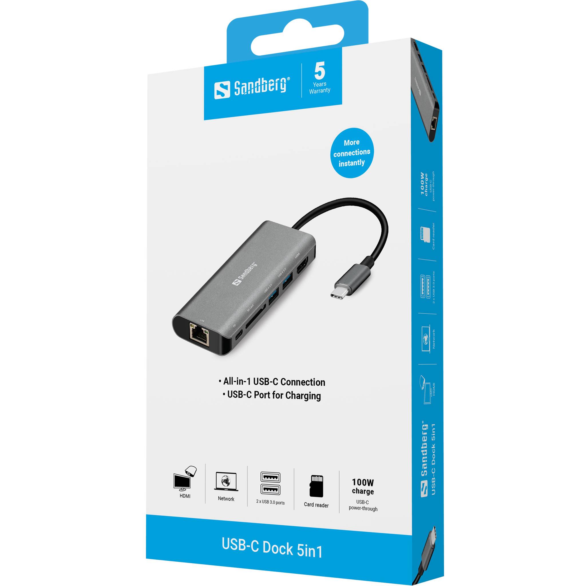 Produktbox für einen Sandberg USB-C Dock 5in1, der einen kompakten Adapter mit HDMI-, Netzwerk-, USB- und Kartenleseranschlüssen zeigt, plus USB-C-Ladeunterstützung.