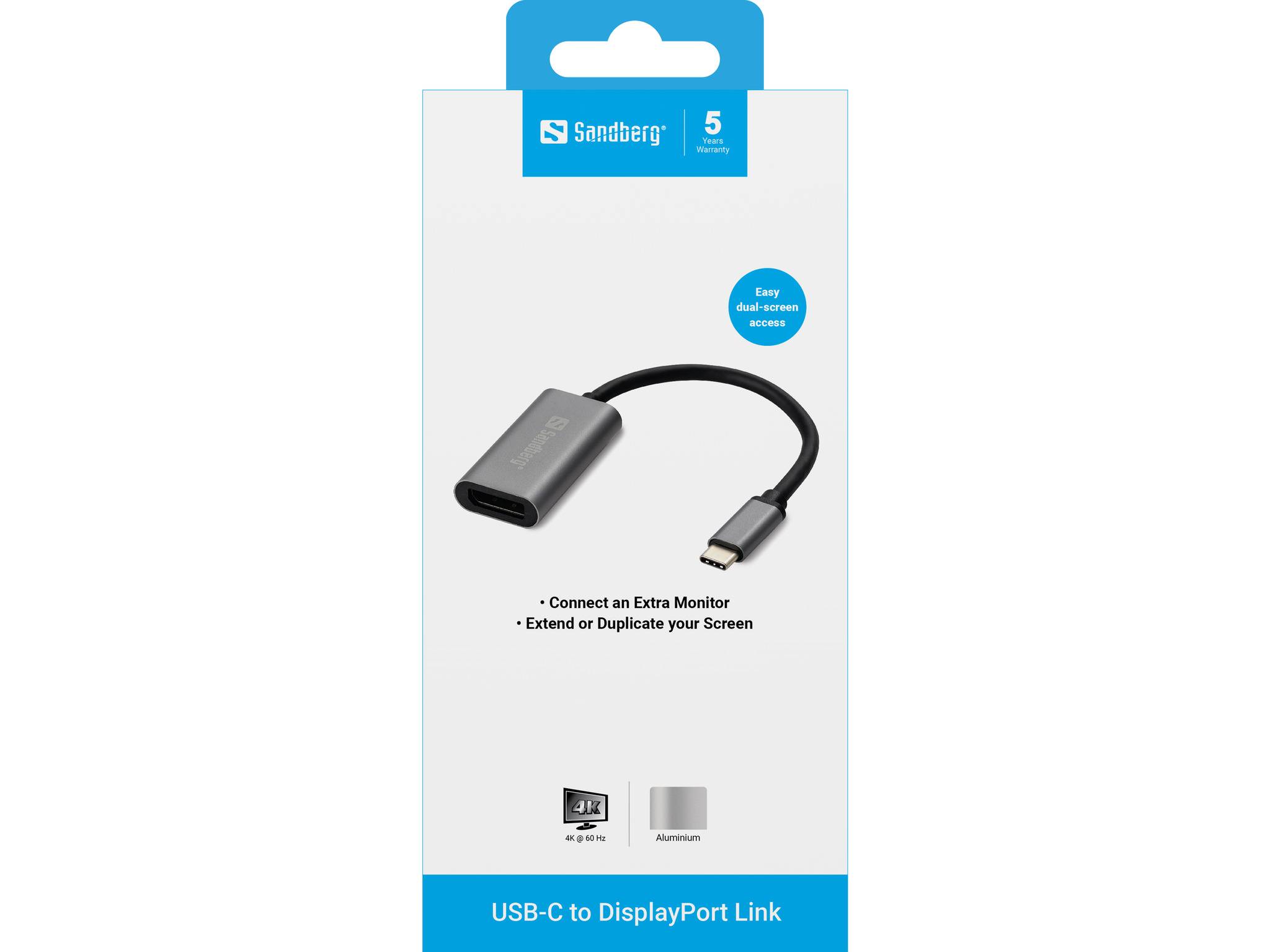 Sandberg USB-C zu DisplayPort Link Adapter Verpackung, zeigt ein USB-C zu DisplayPort Kabel zum Anschließen eines zusätzlichen Monitors und zum Erweitern oder Duplizieren des Bildschirms.