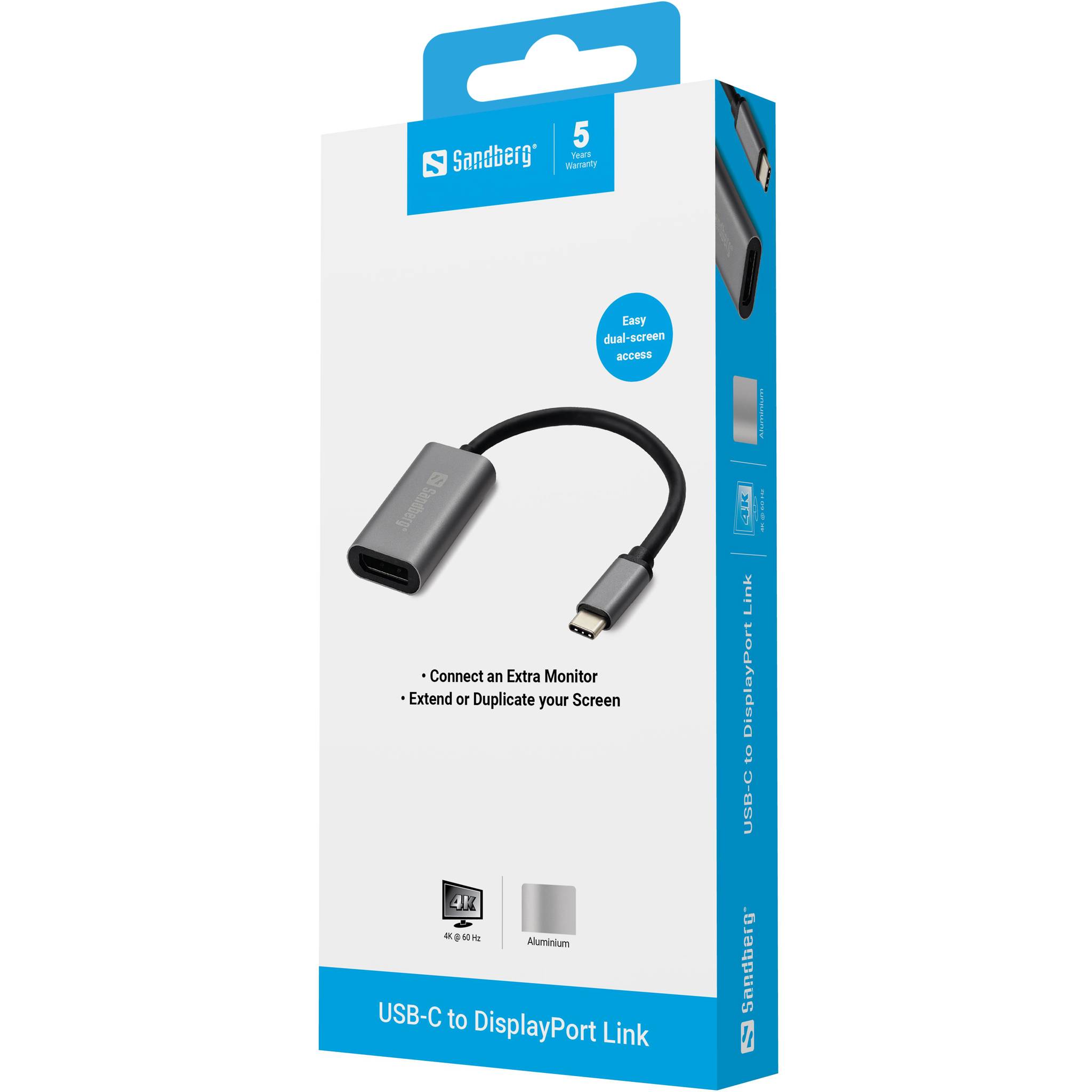 Sandberg USB-C zu DisplayPort Link Adapter Box, zeigt ein USB-C zu DisplayPort Kabel zum Anschließen eines zusätzlichen Monitors oder zum Erweitern/Duplizieren eines Bildschirms.