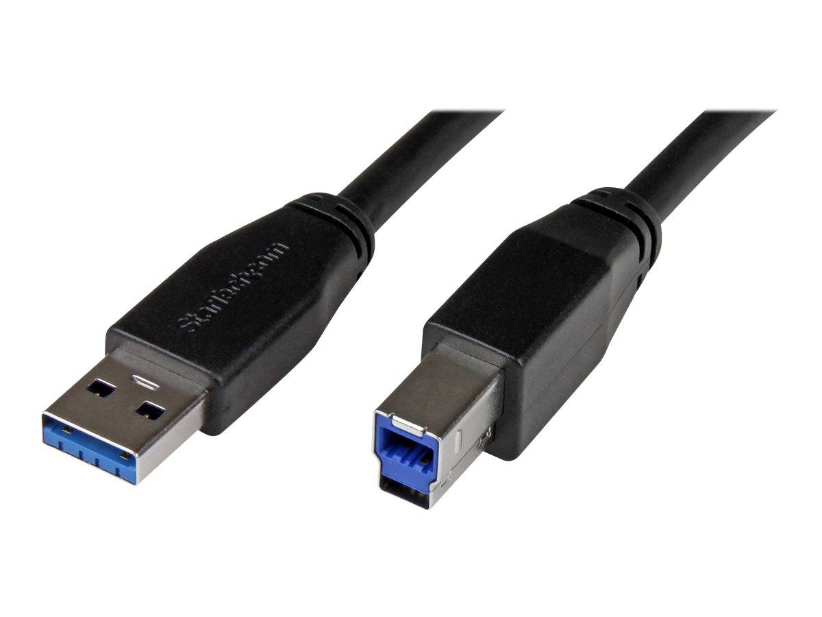 Blaues USB 3.0 Typ-A bis USB 3.0 Typ-B Kabel mit zwei auf weißem Hintergrund gezeigten Steckern.