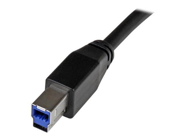 USB-Typ-B-Kabelstecker mit einem quadratischen blauen Anschluss auf einem schwarzen Kabel, dargestellt auf weißem Hintergrund.