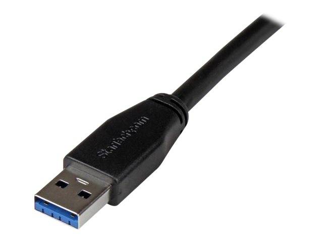 Schwarzes USB-Kabel mit einem blauen USB-A-Stecker auf weißem Hintergrund.