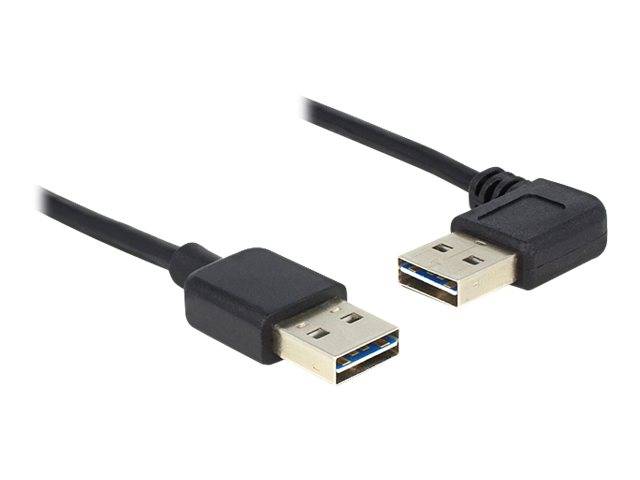 Zwei schwarze USB-Typ-A-Stecker auf weißem Hintergrund, in Nahaufnahme dargestellt.