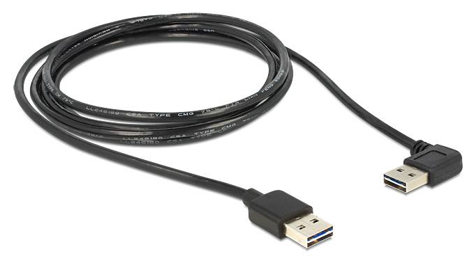Aufgerolltes schwarzes USB 3.0-Kabel mit zwei männlichen Anschlüssen, auf weißem Hintergrund dargestellt.