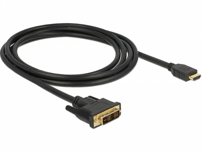 Aufgewickeltes schwarzes HDMI-zu-DVI-Kabel mit HDMI-Stecker auf einer Seite und DVI-Anschluss auf der anderen Seite, gezeigt auf weißem Hintergrund.