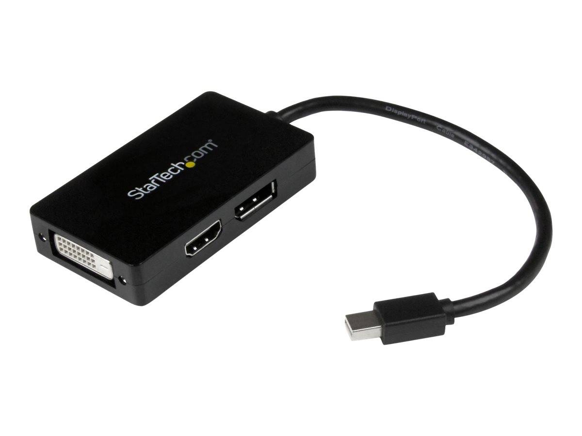 StarTech Adapterkabel in Schwarz, das einen USB-C-Stecker in HDMI-, DisplayPort- und DVI-Ausgänge umwandelt.
