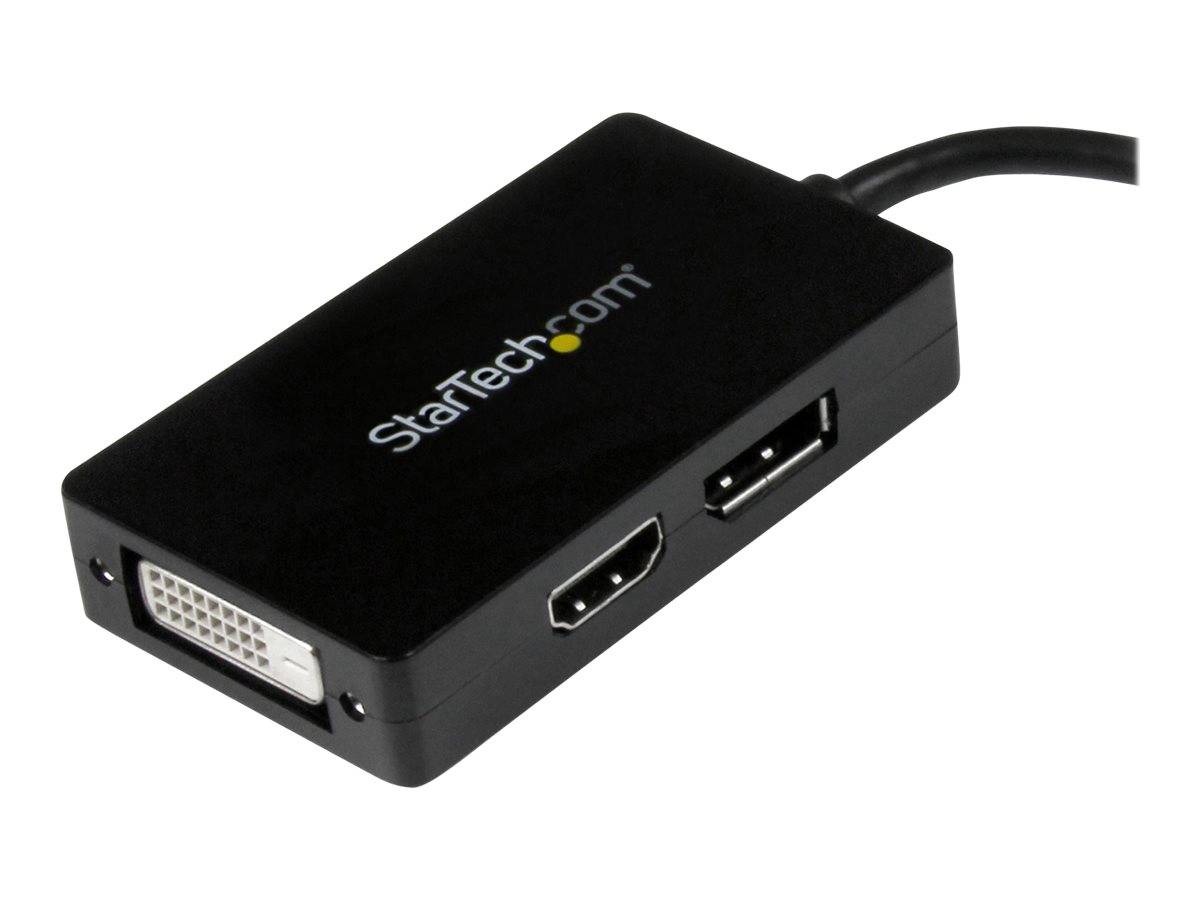 Black StarTech.com Adapter mit DVI-, HDMI- und USB-Anschlüssen und angeschlossenem Kabel auf weißem Hintergrund.