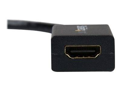 Nahaufnahme eines schwarzen HDMI-Adapters oder Kabelsteckers auf weißem Hintergrund, die die Anschlussöffnung zeigt.