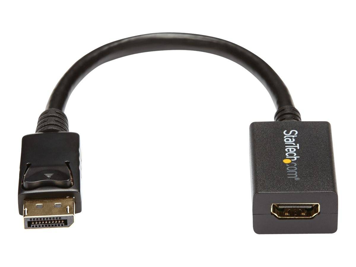 DisplayPort-zu-HDMI-Adapterkabel mit einem männlichen DisplayPort-Stecker und einer weiblichen HDMI-Buchse auf einem schwarzen Kabel.