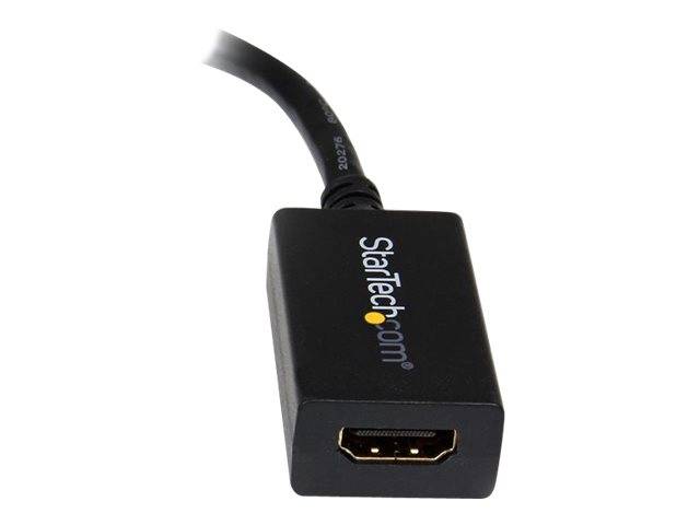 Black StarTech.com HDMI-Adapter mit kurzer Kabelverbindung und einzelnem HDMI-Anschluss, gezeigt auf weißem Hintergrund.