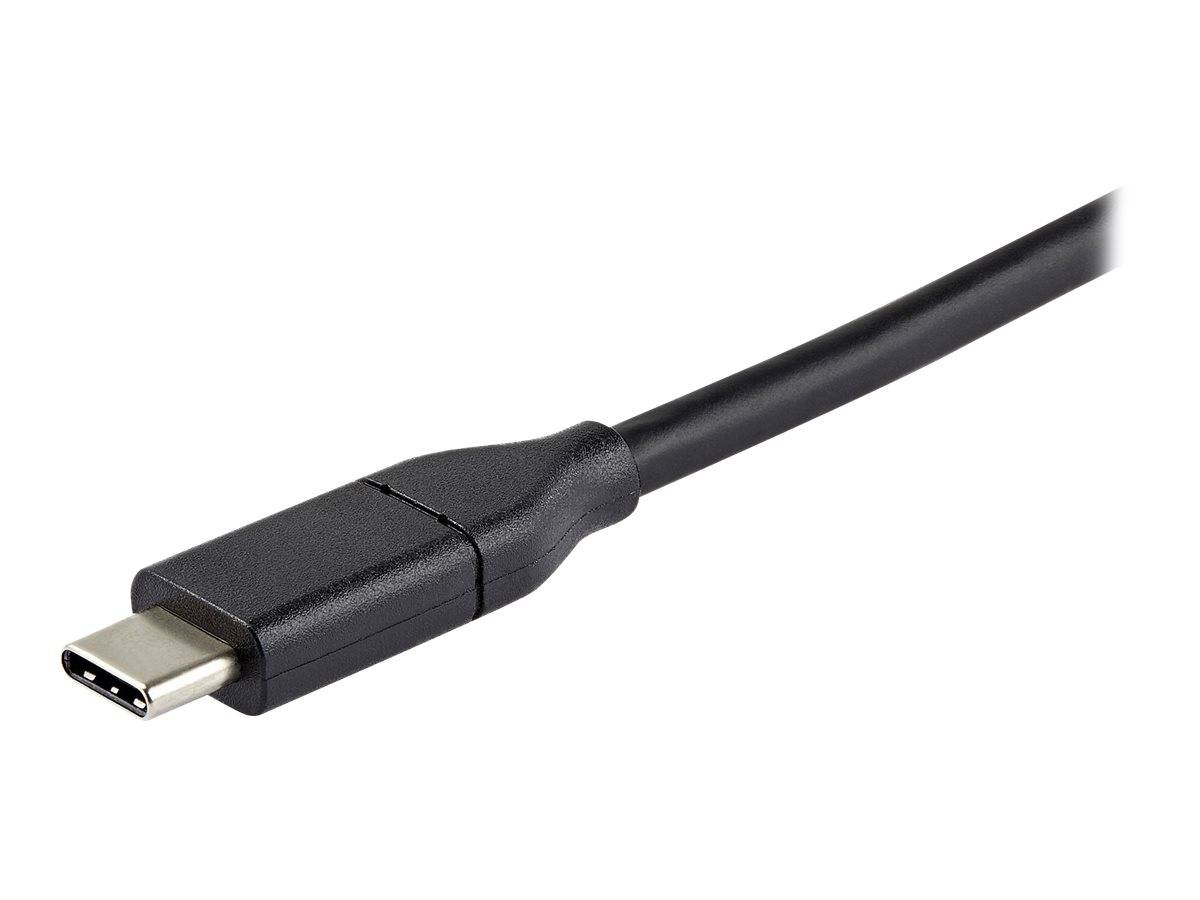 Schwarzes USB-C-Kabel mit USB-C-Stecker auf weißem Hintergrund.