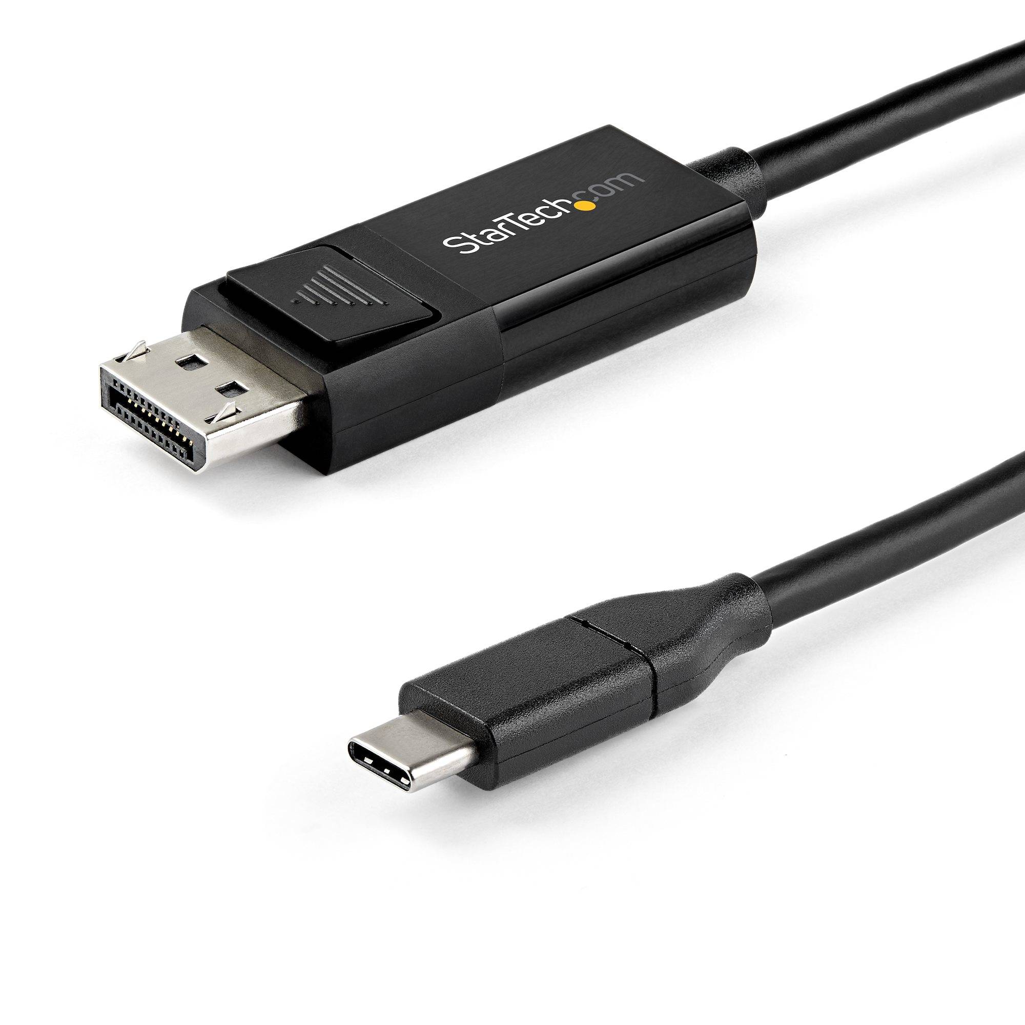 DisplayPort-zu-USB-C-Kabeladapter mit StarTech.com-Branding, zeigt einen DisplayPort-Stecker an einem Ende und einen USB-C-Anschluss am anderen Ende.