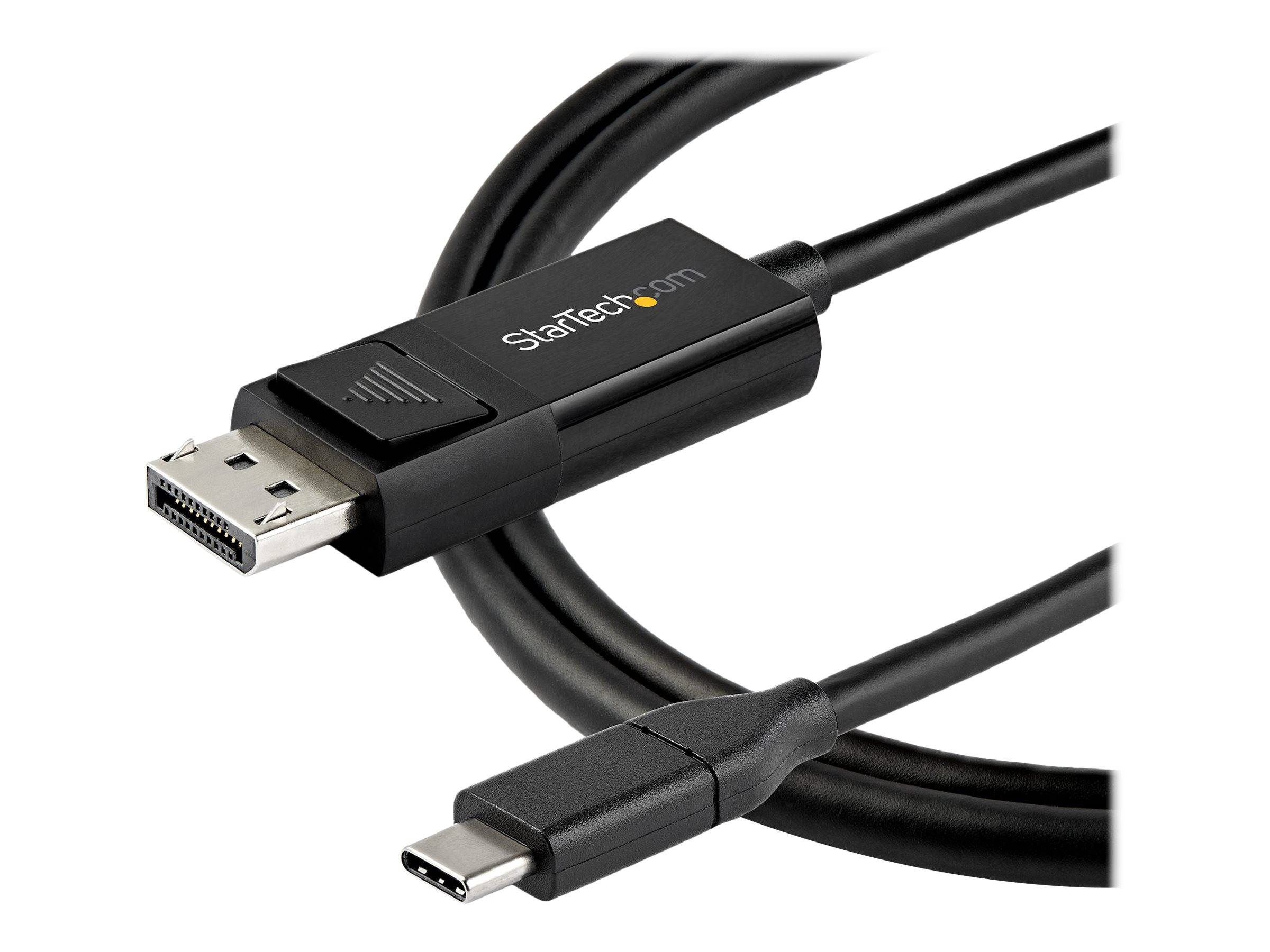 Schwarzes StarTech-Kabel mit DisplayPort-Stecker auf der einen Seite und USB-C-Anschluss auf der anderen Seite auf weißem Hintergrund