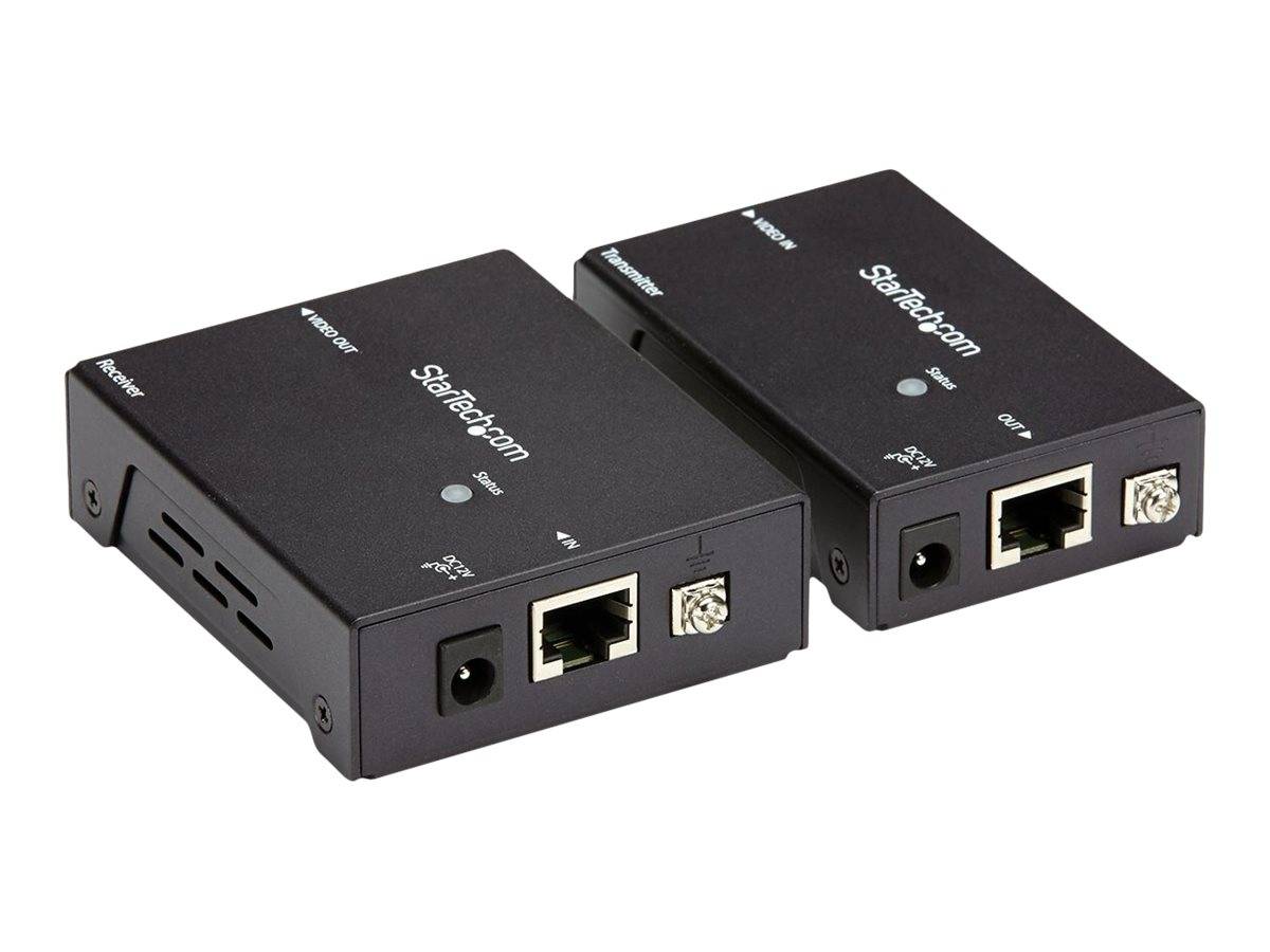 Zwei schwarze StarTech.com Ethernet-Extender-Boxen nebeneinander gezeigt, jeweils mit Stromversorgungs-, Ethernet- und Koaxialanschlüssen.