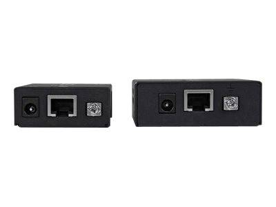 Zwei schwarze elektronische Adapterboxen nebeneinander gezeigt, jeweils mit einer Strombuchse, einem Ethernet-Anschluss und einem kleinen quadratischen Stecker an der Vorderseite.