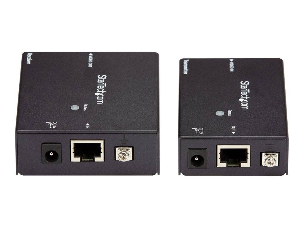 Zwei von vorne gezeigte StarTech.com Ethernet-über-Koax-Adapter-Einheiten, jeweils mit Stromeingang, RJ45-Anschluss und Koax-Stecker.