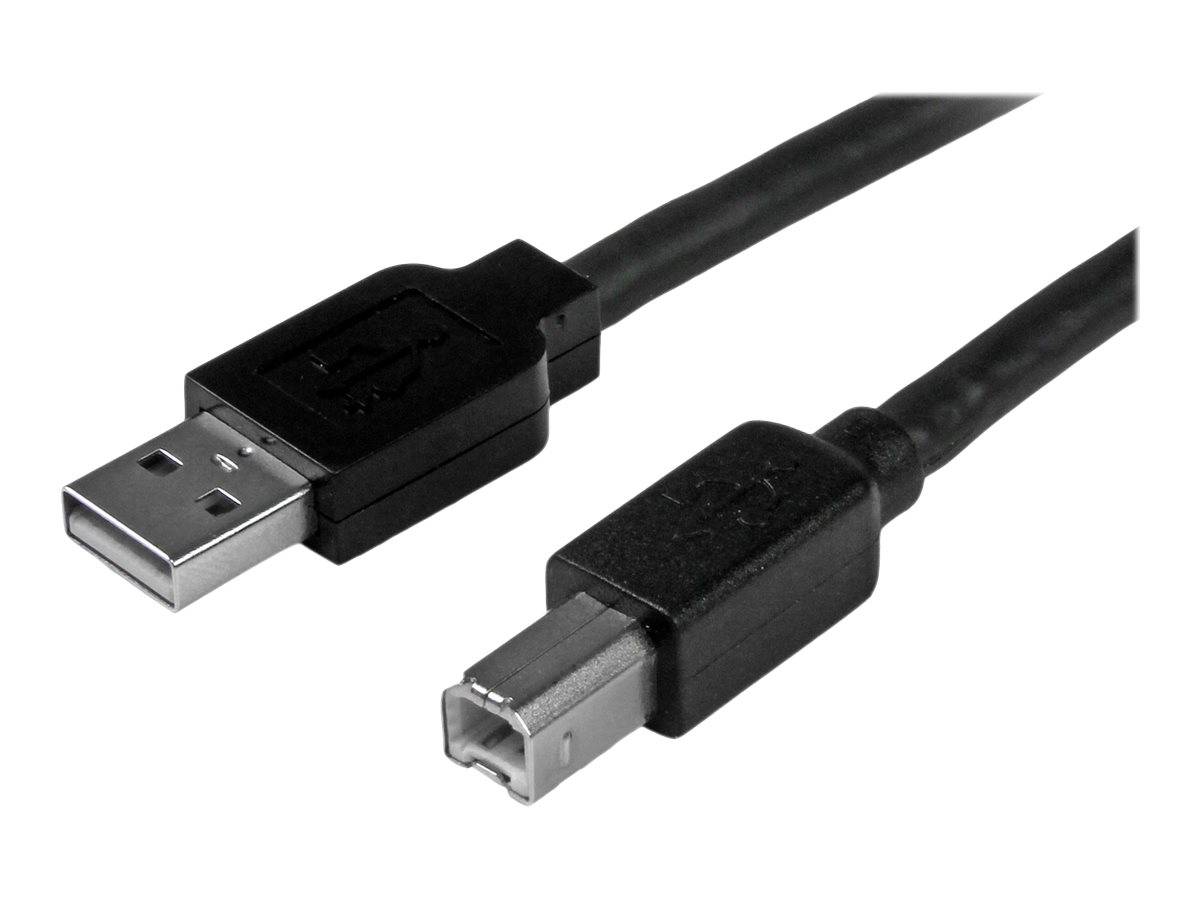 Nahaufnahme eines USB-Kabels mit einem Standard-USB-A-Stecker und einem quadratischen USB-B-Anschluss auf weißem Hintergrund.