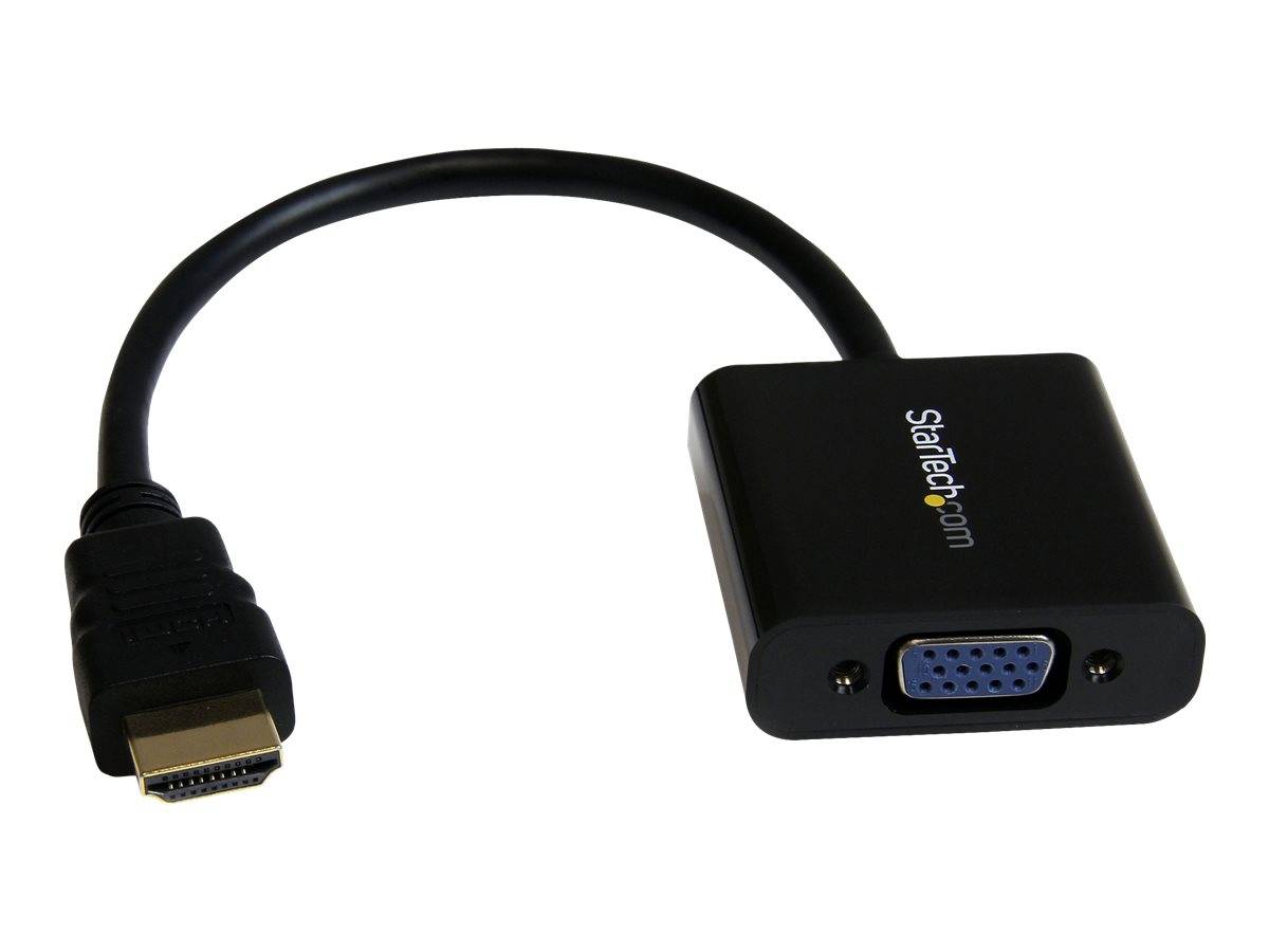 HDMI-zu-VGA-Adapterkabel mit kurzer schwarzer Leitung, HDMI-Stecker an einem Ende und VGA-Buchse am anderen Ende, gekennzeichnet mit 