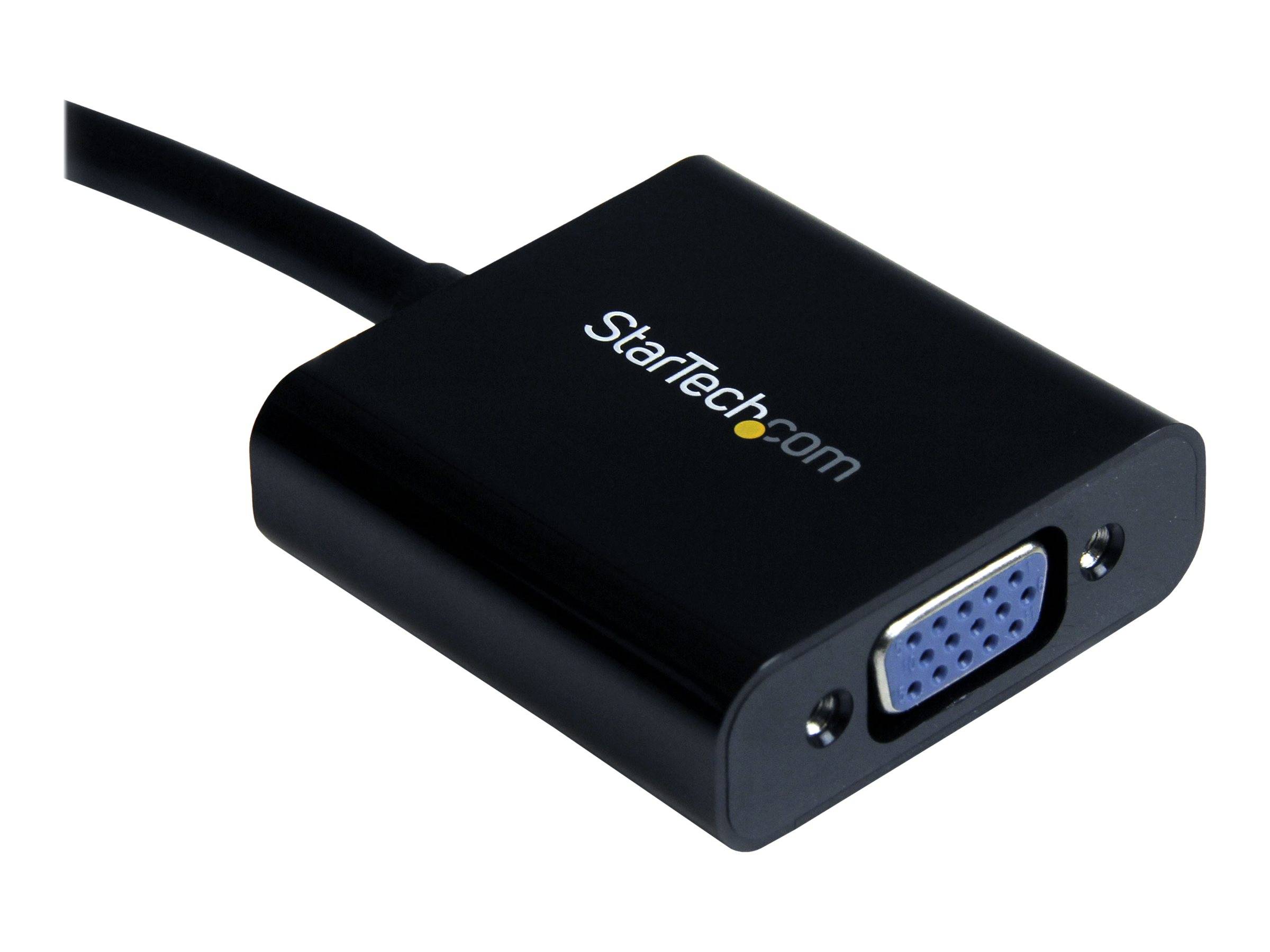 BlackStarTech.com Adapterbox mit angeschlossenem Kabel und VGA-Buchse am Ende.
